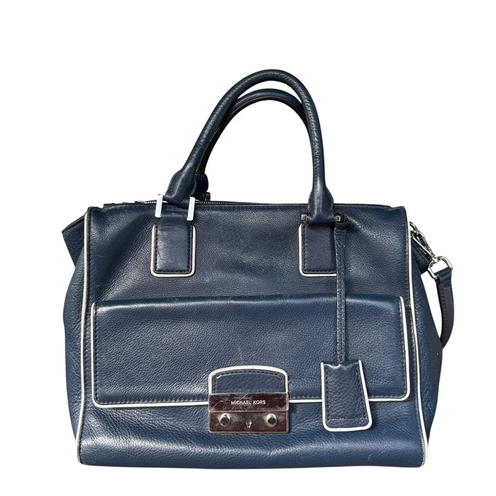 Michael Kors Navy Blue Pebbled Leather Satchel Handbag Silver Hardware Crossbody